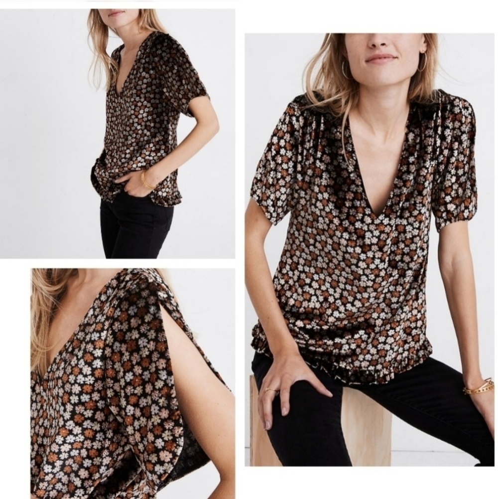 Madewell Velvet tulip sleeve ruffle top size small